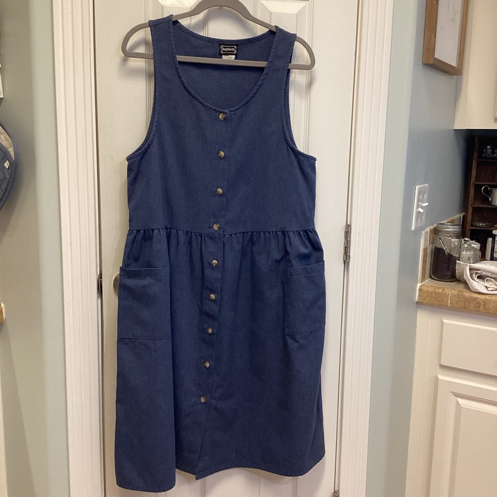 Vntg. Denim Tank Dress SZ M Petite Button Front / Pockets Midi Teacher mom 90’s